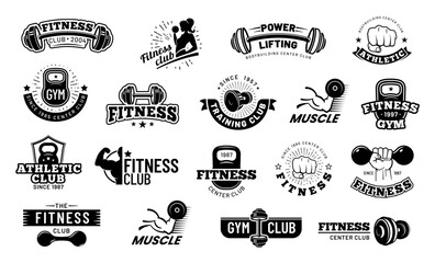 Retro fitness center logos. Black and white collection with barbells, dumbbells, kettlebells and strong arms. Vintage theme perfect for gym branding, apparel and sports supplement. Vector labels