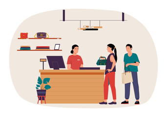 Customers paying for handbag at checkout in fashion accessories store. Retail service image. Fashion, commerce and lifestyle themes. Shopping app user interface design. Flat vector illustration