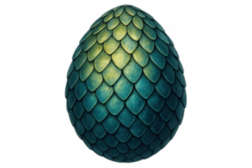 Green and gold dragon egg with scales resting on a transparent background, perfect for fantasy and medieval projects