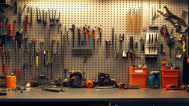 Workshop tools and equipment on a pegboard wall and workbench