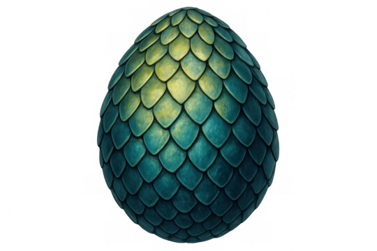 Green and gold dragon egg with scales resting on a transparent background, perfect for fantasy and medieval projects