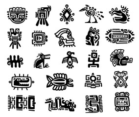 Ancient tribal icons of Aztec, Inca and Mexican cultures. Masks, totems animals, gods and geometric symbols. Spiritual mythological elements. Bold black and white abstract vector illustration set