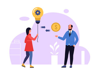 Woman offering idea symbolized by lightbulb to investor exchange for money. Concept of startup funding, innovation proposal and business collaboration. Flat modern vector illustration