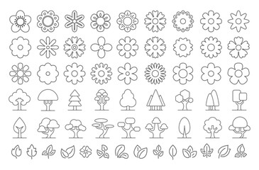 Line icons of flowers, trees and leaves on white background. Collection of botanical outline icons. Natural decorative elements for eco, UI and branding projects. Linear vector illustration