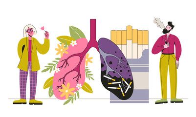 Healthy pink lungs decorated with flowers contrast with damaged black lungs filled with cigarette butts. Man smoking and woman holding flower. Lifestyle influence on respiratory health. Flat vector
