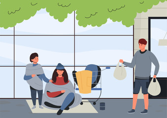 Volunteer offering food bags to homeless family. Mother and child sitting on street covered with blankets. Urban poverty, support, social issue. Flat cartoon vector illustration