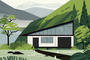 Modern house featuring large windows and sloped roof nestled in picturesque mountain valley, surrounded by lush greenery. Flat vector illustration