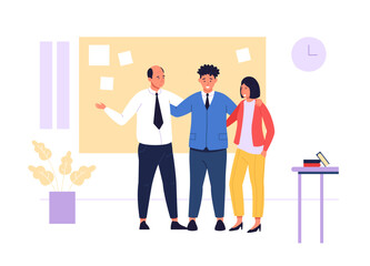 Group of office workers hugging each other celebrating successful teamwork standing together near bulletin board with notes. Teamwork, positive workplace culture. Flat vector illustration