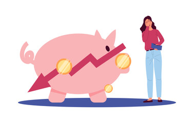 Woman holding wallet looking at piggy bank with falling red arrow and concerned her savings. Financial loss and reduction of savings. Economic stress money crisis, inflation. Flat vector