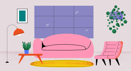Stylized living room interior with pink sofa and armchair, houseplants, lamp and coffee table, abstract picture on wall in bright colors. Cozy home atmosphere. Colorful flat vector illustration