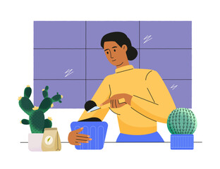 Young woman taking care of houseplants surrounded by cacti. Houseplant care concept, hobby and leisure. Preparing for planting, fertilizing houseplant. Flat vector illustration
