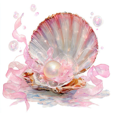 A clam shell displays a large, lustrous pearl nestled within ruffled pink ribbons, set against a soft, serene backdrop full of bubbles and sparkle