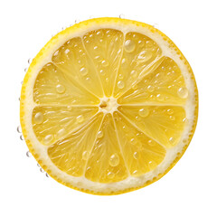 Close up of a vibrant yellow lemon slice with refreshing water bubbles isolated on transparent background