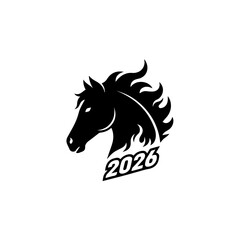 Artistic horse head silhouette design with 2026, dynamic mane and flowing lines creating a modern feel. Unique horse imagery for year of the horse inspiration and celebration in 2026.