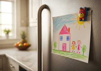 Sentimental Child's Drawing on Fridge with Blurred Kitchen Background, child’s drawing stuck to fridge