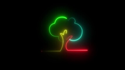 Neon line green tree glowing on black background. Green Color Neon Tree Animation, Climate neutral long term strategy. Ecological, renewable energy and save environment concept. - Powered by Adobe