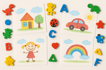 Flat lay of kids’ drawings and colorful fridge magnets on white background, child’s drawing stuck to fridge