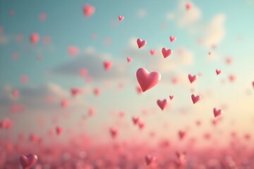 Romantic sky filled with floating pink hearts