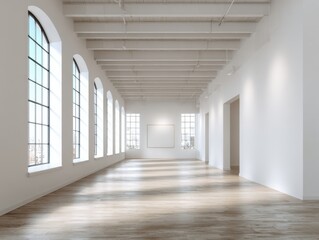 Obraz premium A large room with white walls and wooden floors. There are no people or furniture in the room