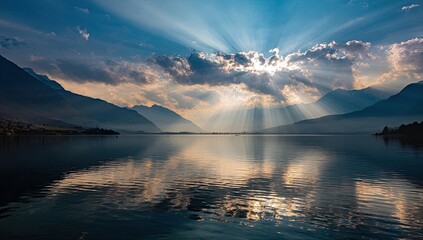Serene lake sunrise reflecting a dramatic sky