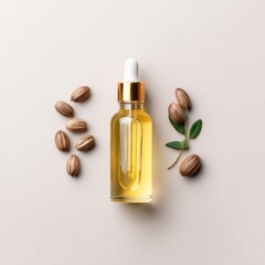 A top-down shot features a bottle of jojoba oil with seeds and leaves arranged around it. This natural skincare product is presented beautifully.