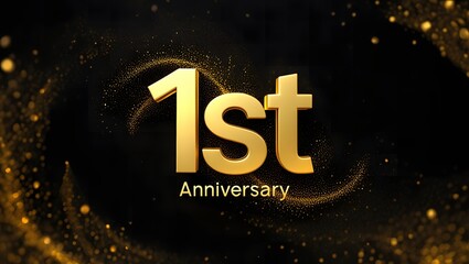 A golden 1st anniversary celebration design with glittering particles on a dark background