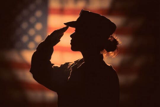 Woman Soldier Silhouette. Memorial Day Sign of Freedom and Patriotism with American Flag Background