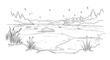 Fototapeta premium Monochrome Lake Landscape with Sparse Vegetation and Distant Hills in Simple Line Art Illustrative Style Emphasizing Tranquility and Natural Simplicity for Decorative Use