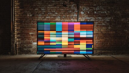 Colorful TV screen displaying a pixelated image against a brick wall