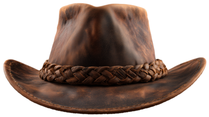 Brown leather outdoor cowboy hat with wide brim and artisan braided leather ring detail on transparent background