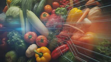 Assortment of fresh vegetables with digital circuit overlay and blue light healthy food