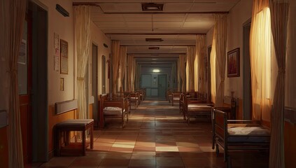 Fototapeta premium Empty hospital corridor bathed in sunlight