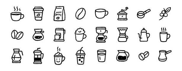 Hand drawn coffee icons set vector illustration coffee shop equipment and coffee beans doodle style design 