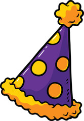 Vector Cartoon Hand Drawn Purple and Yellow Dotted Party Hat With Ruffles