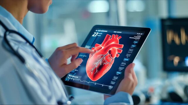Close up of doctor holding tablet with examination result hologram of heart floating at laboratory. Medical worker using technology innovation to analyze human anatomy. HUD Dashboard Whole Body. Remed - Powered by Adobe