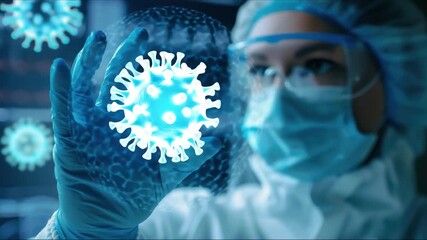 DNA strand and digital data processing over virus cells in scientific animation. Biotechnology, genetics, research, laboratory, analysis, science - Powered by Adobe