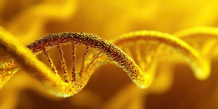 Yellow DNA Strand Macro Close-Up: Global Genetic Data Processing