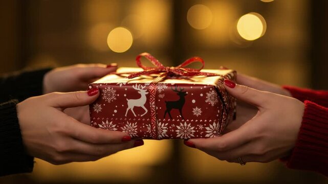 Hands exchanging gift box with festive pattern