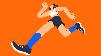 Colorful flat vector illustration of a woman running outdoors with dynamic posture and vibrant background. Great for fitness, sports, and healthy lifestyle themes.