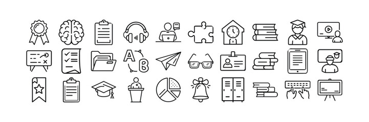 School Supplies and Learning Icons &ndash; Line Art Vector Set