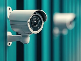 Close-up of a gray security camera mounted on a teal wall, with a blurred second camera in the background.