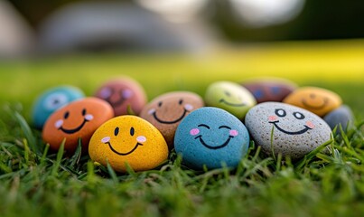 A collection of colorful stones, each adorned with a cheerful smiling face, nestled in vibrant green grass, symbolizing happiness and joy.
