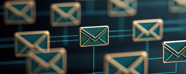 Network of digital envelope icons symbolizing email communication and message exchange in a connected system.