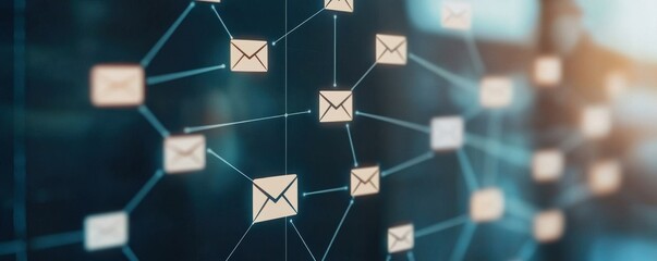 Network of interconnected email icons symbolizing digital communication and data exchange in a technology-driven environment.