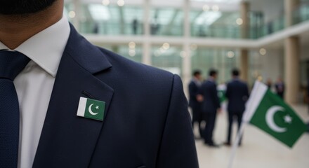 Elegant dark navy suit lapel with Pakistan flag pin, modern arch in blurred backdrop