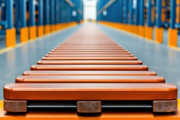 A close-up view of an orange roller conveyor system inside a warehouse with blue racks on either side, leading to a bright exit or entrance in the distance.