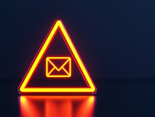 A glowing neon triangular warning sign with an envelope icon inside, symbolizing email or message alert on a dark background.
