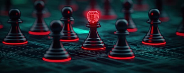 A glowing red digital globe hovers above a black pawn chess piece, surrounded by other pawns on a digital circuit board background.