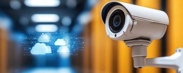 A surveillance camera monitors a corridor with a digital cloud computing network overlay symbolizing data security and cloud storage.