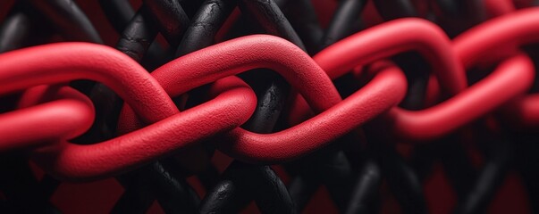 Close-up of intertwined red and black metal chains symbolizing strength, connection, and unity.